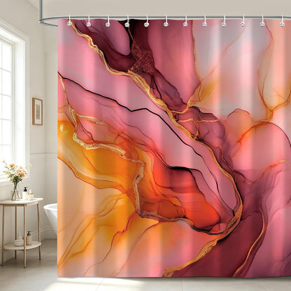 Pink Gold Marble Shower Curtains, Orange Grey Abstract Marble Shower Curtain, Modern Fabric Bath Curtain for Bathroom Decor Waterproof Cloth with Hooks 72X72 Inch