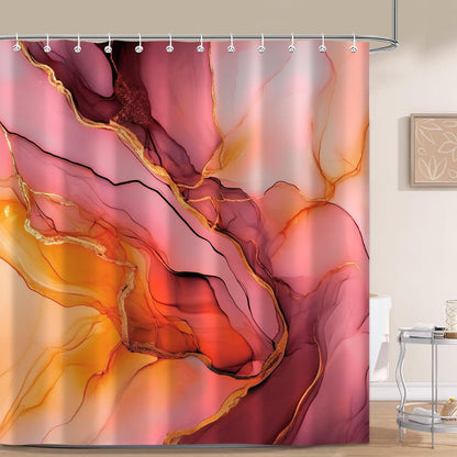 Pink Gold Marble Shower Curtains, Orange Grey Abstract Marble Shower Curtain, Modern Fabric Bath Curtain for Bathroom Decor Waterproof Cloth with Hooks 72X72 Inch