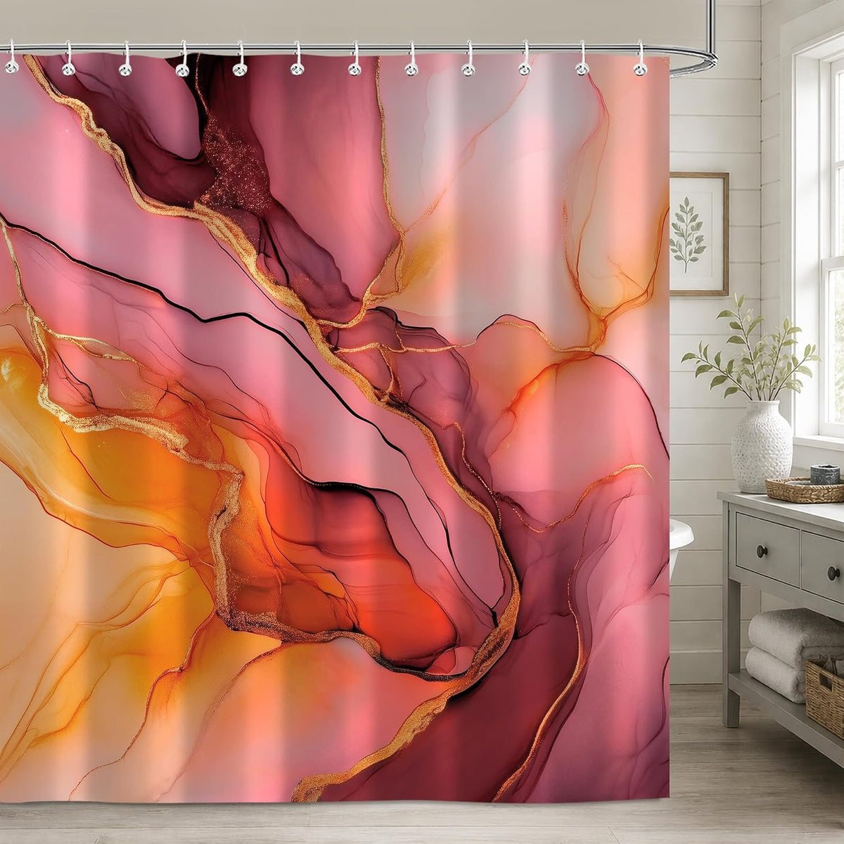 Pink Gold Marble Shower Curtains, Orange Grey Abstract Marble Shower Curtain, Modern Fabric Bath Curtain for Bathroom Decor Waterproof Cloth with Hooks 72X72 Inch