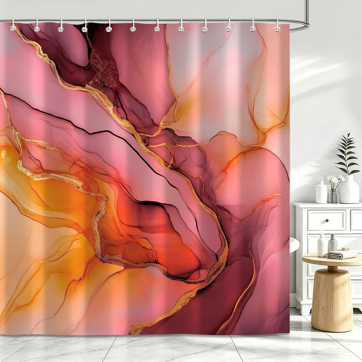 Pink Gold Marble Shower Curtains, Orange Grey Abstract Marble Shower Curtain, Modern Fabric Bath Curtain for Bathroom Decor Waterproof Cloth with Hooks 72X72 Inch