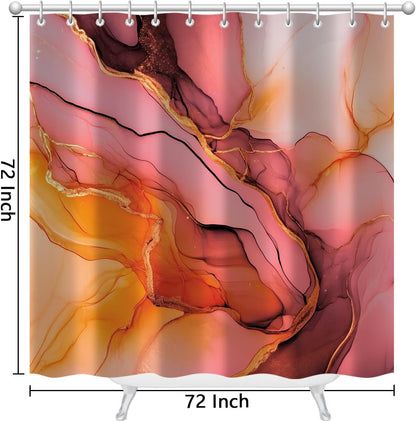 Pink Gold Marble Shower Curtains, Orange Grey Abstract Marble Shower Curtain, Modern Fabric Bath Curtain for Bathroom Decor Waterproof Cloth with Hooks 72X72 Inch