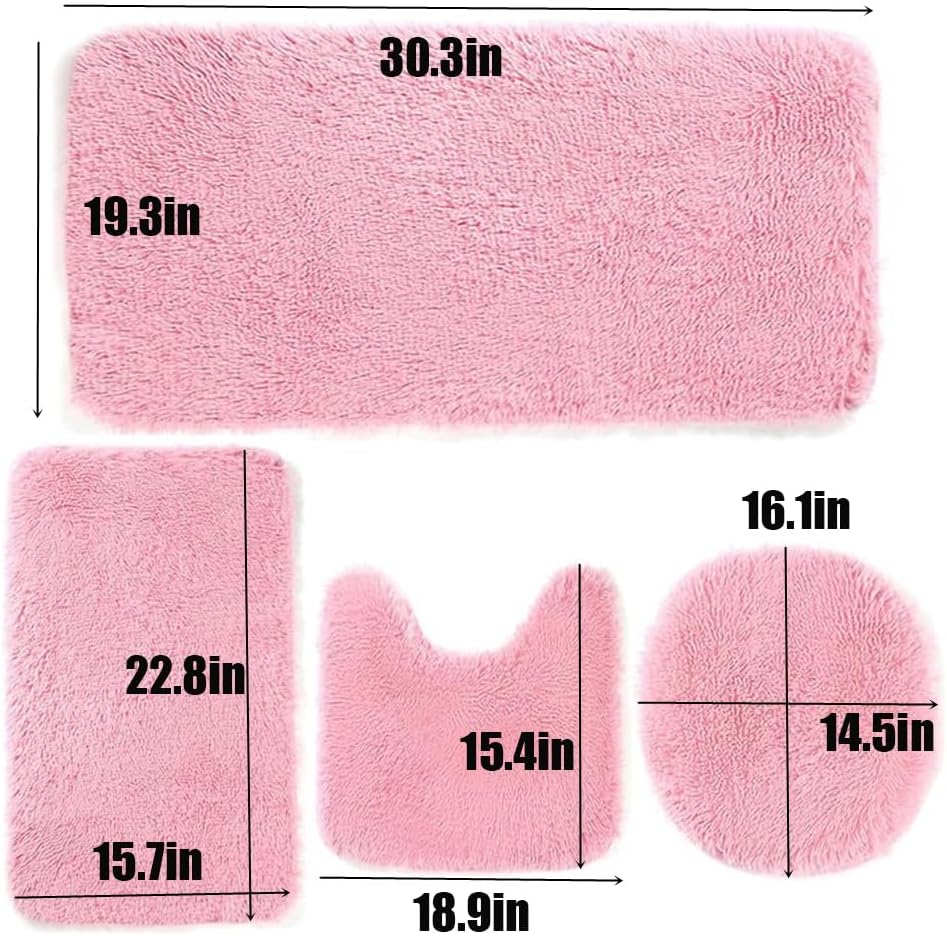 4 Piece Non Slip, Toilet Lid Cover and Contour Mat, Bath Mats Shower Mats Bath Rug Mat for Tub Toilet Bathroom (Pink)