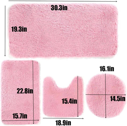 4 Piece Non Slip, Toilet Lid Cover and Contour Mat, Bath Mats Shower Mats Bath Rug Mat for Tub Toilet Bathroom (Pink)