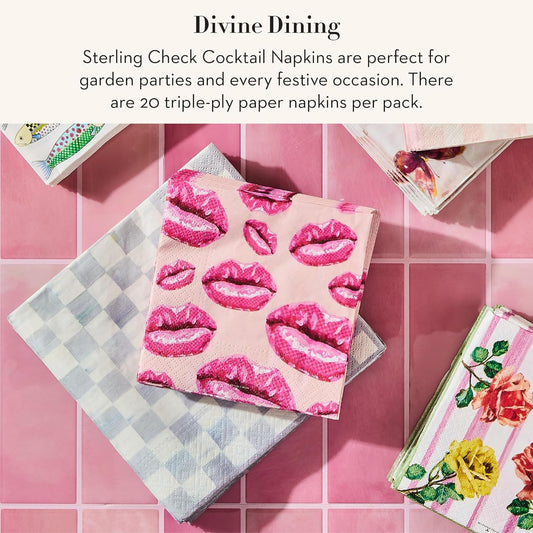 MACKENZIE-CHILDS Cocktail Paper Napkins, Stylish Paper Cocktail Napkins for Parties and More, Gray-and-White Sterling Check