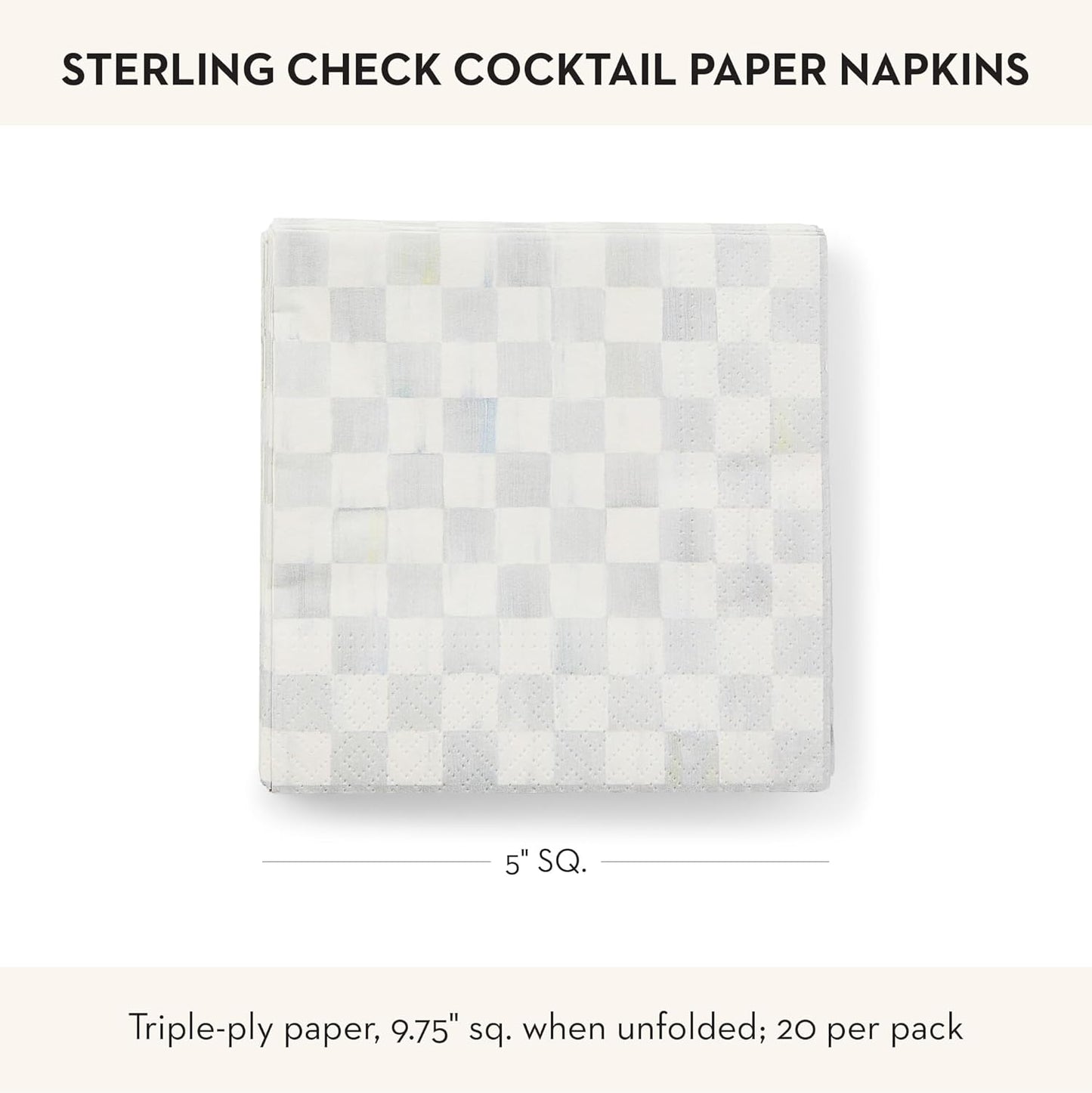 MACKENZIE-CHILDS Cocktail Paper Napkins, Stylish Paper Cocktail Napkins for Parties and More, Gray-and-White Sterling Check