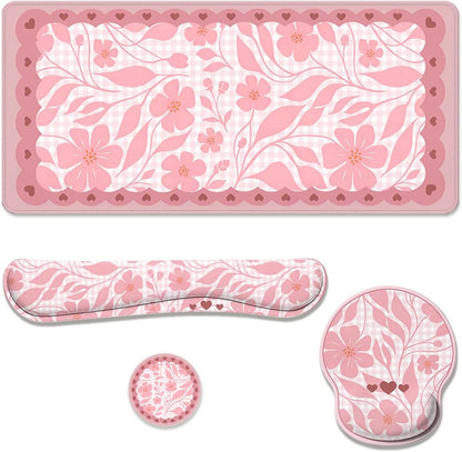 Pink Floral Desk Mat Set Preppy Hearts Plaid Large Mouse Pad with Wrist Rest 4in1 Desk Mat for Desktop Ergonomic Keyboard Wrist Support Anti-Slip Computer Ergonomic Mouse Pad Home Office Gaming