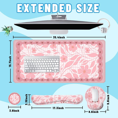 Pink Floral Desk Mat Set Preppy Hearts Plaid Large Mouse Pad with Wrist Rest 4in1 Desk Mat for Desktop Ergonomic Keyboard Wrist Support Anti-Slip Computer Ergonomic Mouse Pad Home Office Gaming