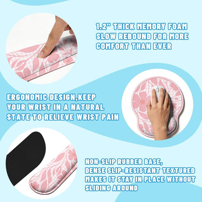 Pink Floral Desk Mat Set Preppy Hearts Plaid Large Mouse Pad with Wrist Rest 4in1 Desk Mat for Desktop Ergonomic Keyboard Wrist Support Anti-Slip Computer Ergonomic Mouse Pad Home Office Gaming