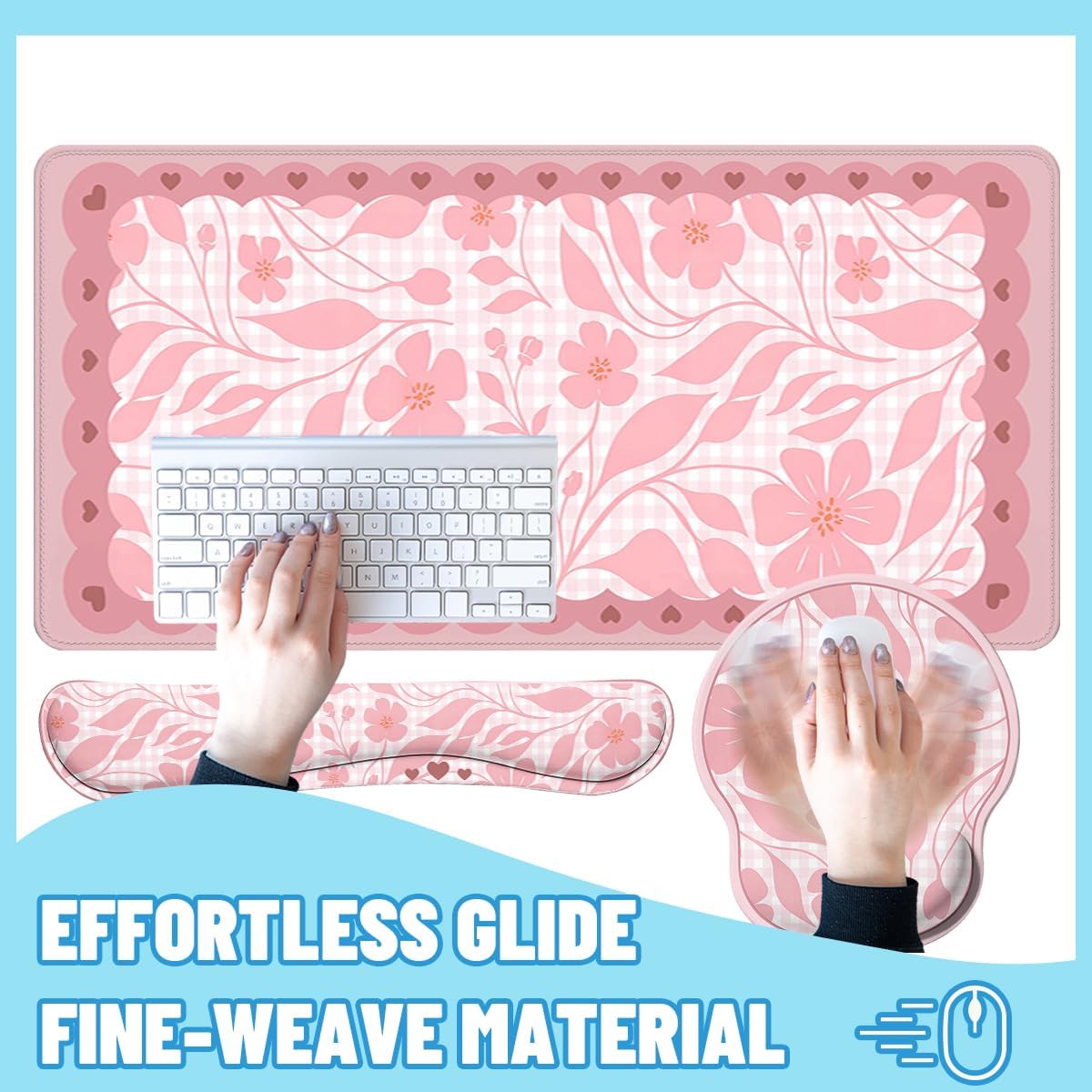 Pink Floral Desk Mat Set Preppy Hearts Plaid Large Mouse Pad with Wrist Rest 4in1 Desk Mat for Desktop Ergonomic Keyboard Wrist Support Anti-Slip Computer Ergonomic Mouse Pad Home Office Gaming