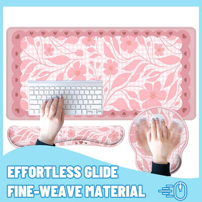 Pink Floral Desk Mat Set Preppy Hearts Plaid Large Mouse Pad with Wrist Rest 4in1 Desk Mat for Desktop Ergonomic Keyboard Wrist Support Anti-Slip Computer Ergonomic Mouse Pad Home Office Gaming