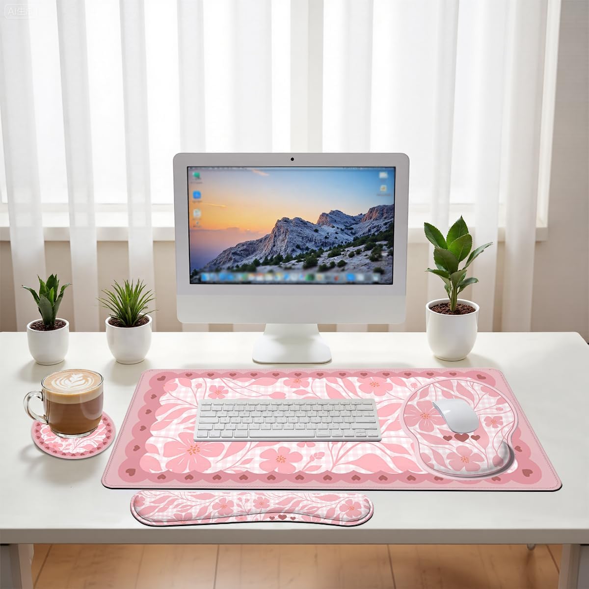 Pink Floral Desk Mat Set Preppy Hearts Plaid Large Mouse Pad with Wrist Rest 4in1 Desk Mat for Desktop Ergonomic Keyboard Wrist Support Anti-Slip Computer Ergonomic Mouse Pad Home Office Gaming