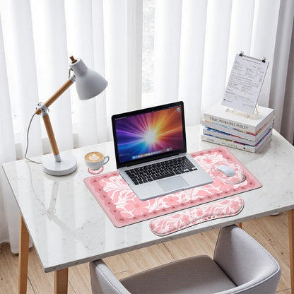 Pink Floral Desk Mat Set Preppy Hearts Plaid Large Mouse Pad with Wrist Rest 4in1 Desk Mat for Desktop Ergonomic Keyboard Wrist Support Anti-Slip Computer Ergonomic Mouse Pad Home Office Gaming