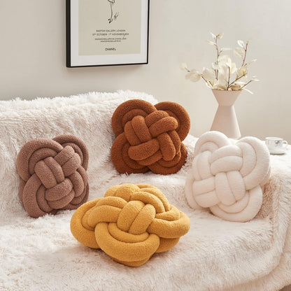 Knot Pillow, 12" Soft Decorative Throw Pillows for Couch Bed, Gray Pink Knotted Plush Throw Pillow Handmade Square Cushion Home Decor Pillows (Ivory White, 12 Inches X12 Inches)