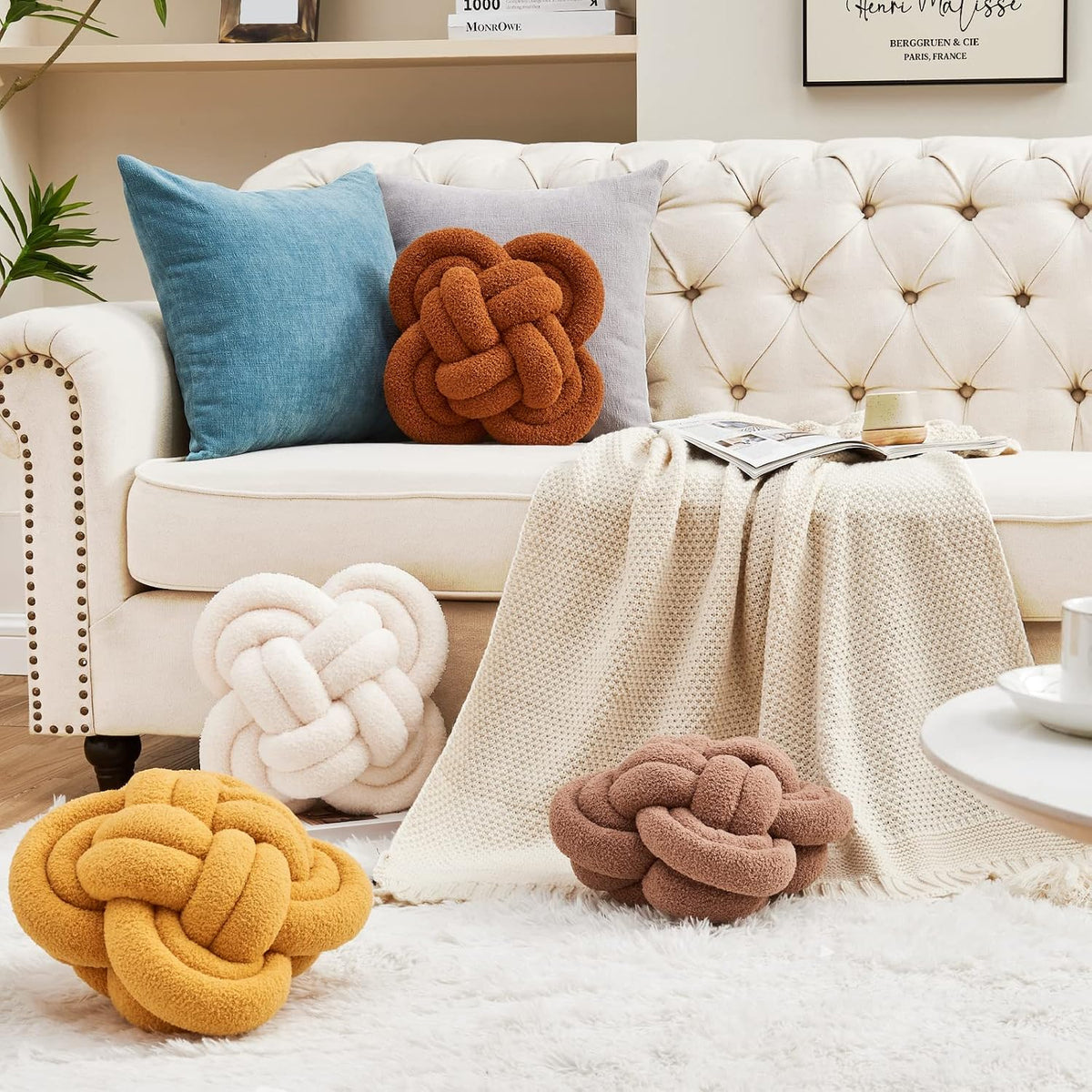 Knot Pillow, 12" Soft Decorative Throw Pillows for Couch Bed, Gray Pink Knotted Plush Throw Pillow Handmade Square Cushion Home Decor Pillows (Ivory White, 12 Inches X12 Inches)