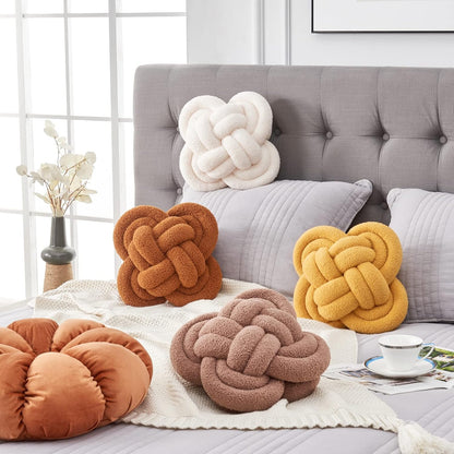 Knot Pillow, 12" Soft Decorative Throw Pillows for Couch Bed, Gray Pink Knotted Plush Throw Pillow Handmade Square Cushion Home Decor Pillows (Ivory White, 12 Inches X12 Inches)
