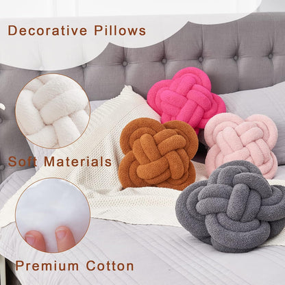 Knot Pillow, 12" Soft Decorative Throw Pillows for Couch Bed, Gray Pink Knotted Plush Throw Pillow Handmade Square Cushion Home Decor Pillows (Ivory White, 12 Inches X12 Inches)