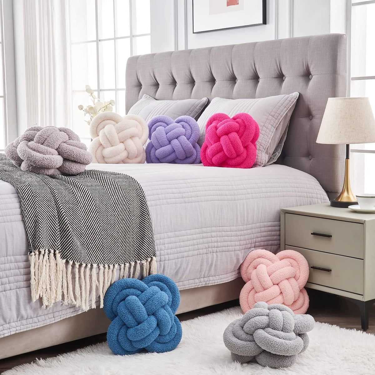 Knot Pillow, 12" Soft Decorative Throw Pillows for Couch Bed, Gray Pink Knotted Plush Throw Pillow Handmade Square Cushion Home Decor Pillows (Ivory White, 12 Inches X12 Inches)