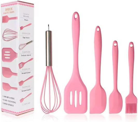 5 piece silicone cooking and baking set PINK, Heat resistant silicone utensils, Non Stick Silicone cooking Set,Brucsh, Whisk,Slotted Spatula, Big Spatula,Small Spatula