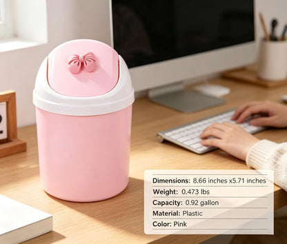 Mini Pink Desktop Trash Can with Swing Lid, Resin Bow Accent – 3.5L(0.92 Gal) Compact Odor Control Small Waste Bin, Durable Plastic Tabletop Garbage Pail
