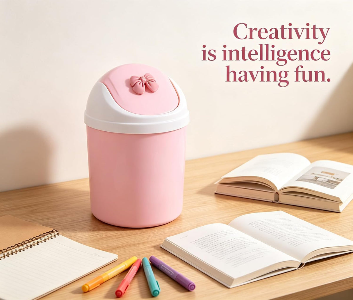 Mini Pink Desktop Trash Can with Swing Lid, Resin Bow Accent – 3.5L(0.92 Gal) Compact Odor Control Small Waste Bin, Durable Plastic Tabletop Garbage Pail