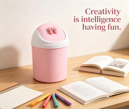 Mini Pink Desktop Trash Can with Swing Lid, Resin Bow Accent – 3.5L(0.92 Gal) Compact Odor Control Small Waste Bin, Durable Plastic Tabletop Garbage Pail