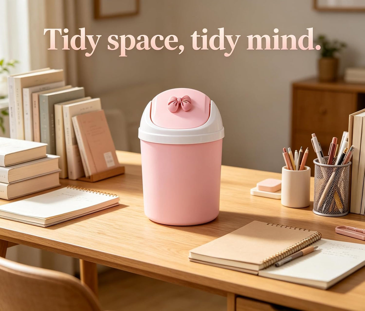 Mini Pink Desktop Trash Can with Swing Lid, Resin Bow Accent – 3.5L(0.92 Gal) Compact Odor Control Small Waste Bin, Durable Plastic Tabletop Garbage Pail