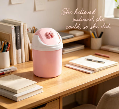 Mini Pink Desktop Trash Can with Swing Lid, Resin Bow Accent – 3.5L(0.92 Gal) Compact Odor Control Small Waste Bin, Durable Plastic Tabletop Garbage Pail