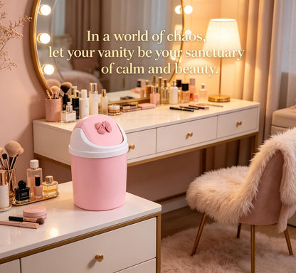 Mini Pink Desktop Trash Can with Swing Lid, Resin Bow Accent – 3.5L(0.92 Gal) Compact Odor Control Small Waste Bin, Durable Plastic Tabletop Garbage Pail