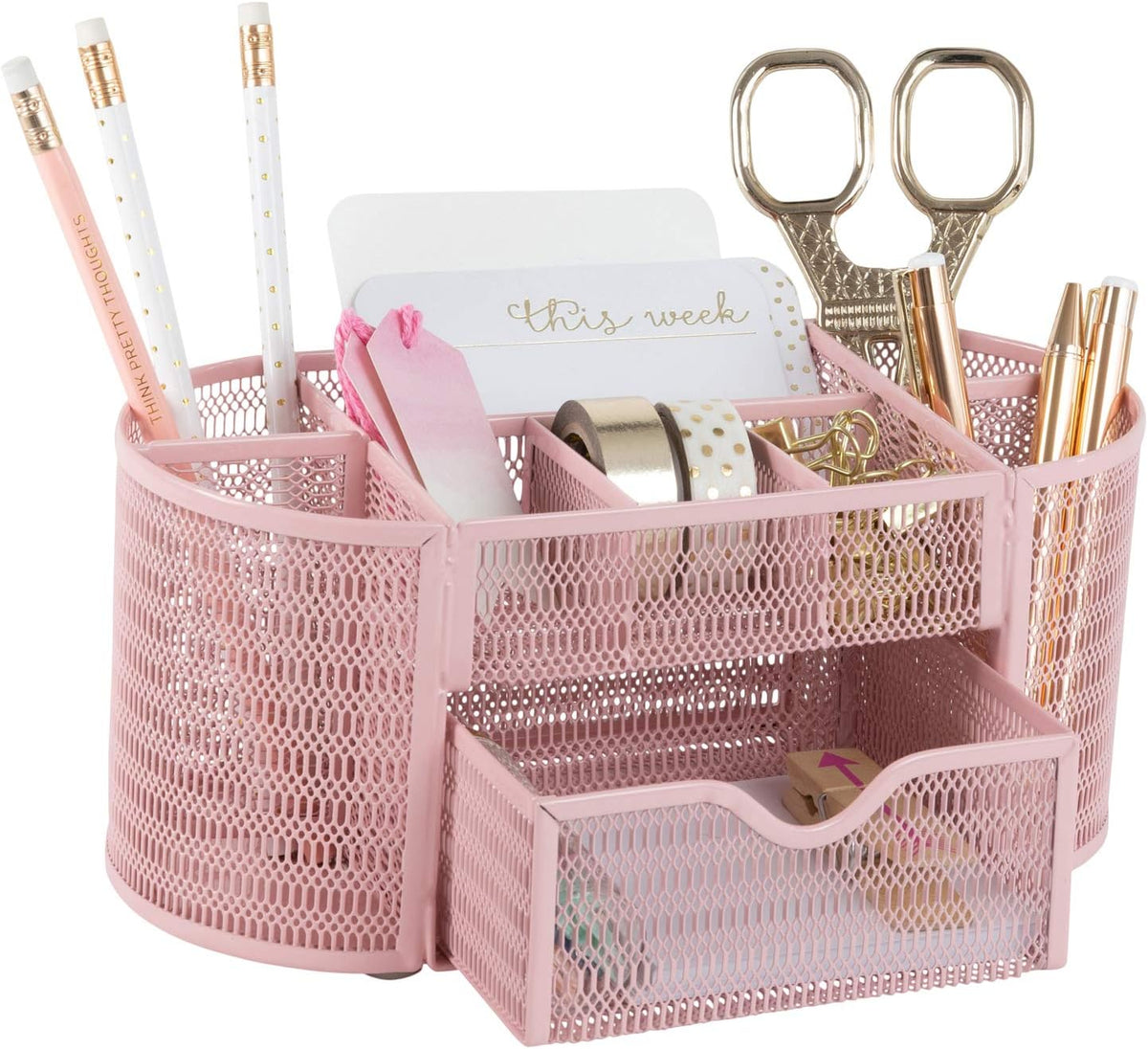 Pink Desk Organizers Metal Mesh Stationery Holder | Wire Mesh Desk Organizer with Compartments | Desk File Folder Organizer for Office Accessories
