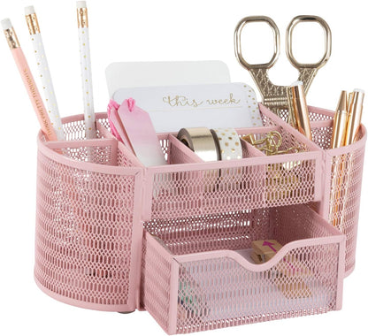 Pink Desk Organizers Metal Mesh Stationery Holder | Wire Mesh Desk Organizer with Compartments | Desk File Folder Organizer for Office Accessories