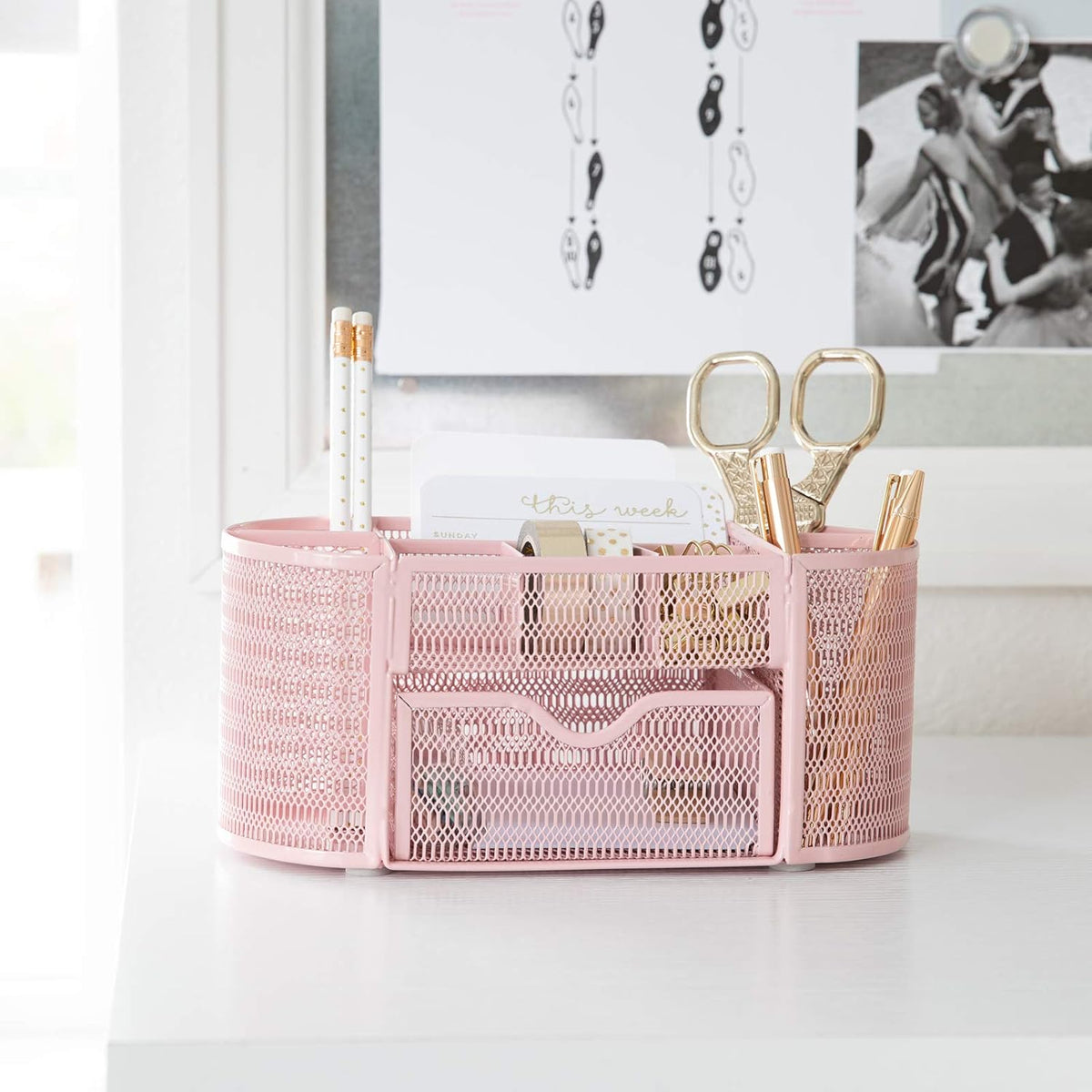 Pink Desk Organizers Metal Mesh Stationery Holder | Wire Mesh Desk Organizer with Compartments | Desk File Folder Organizer for Office Accessories
