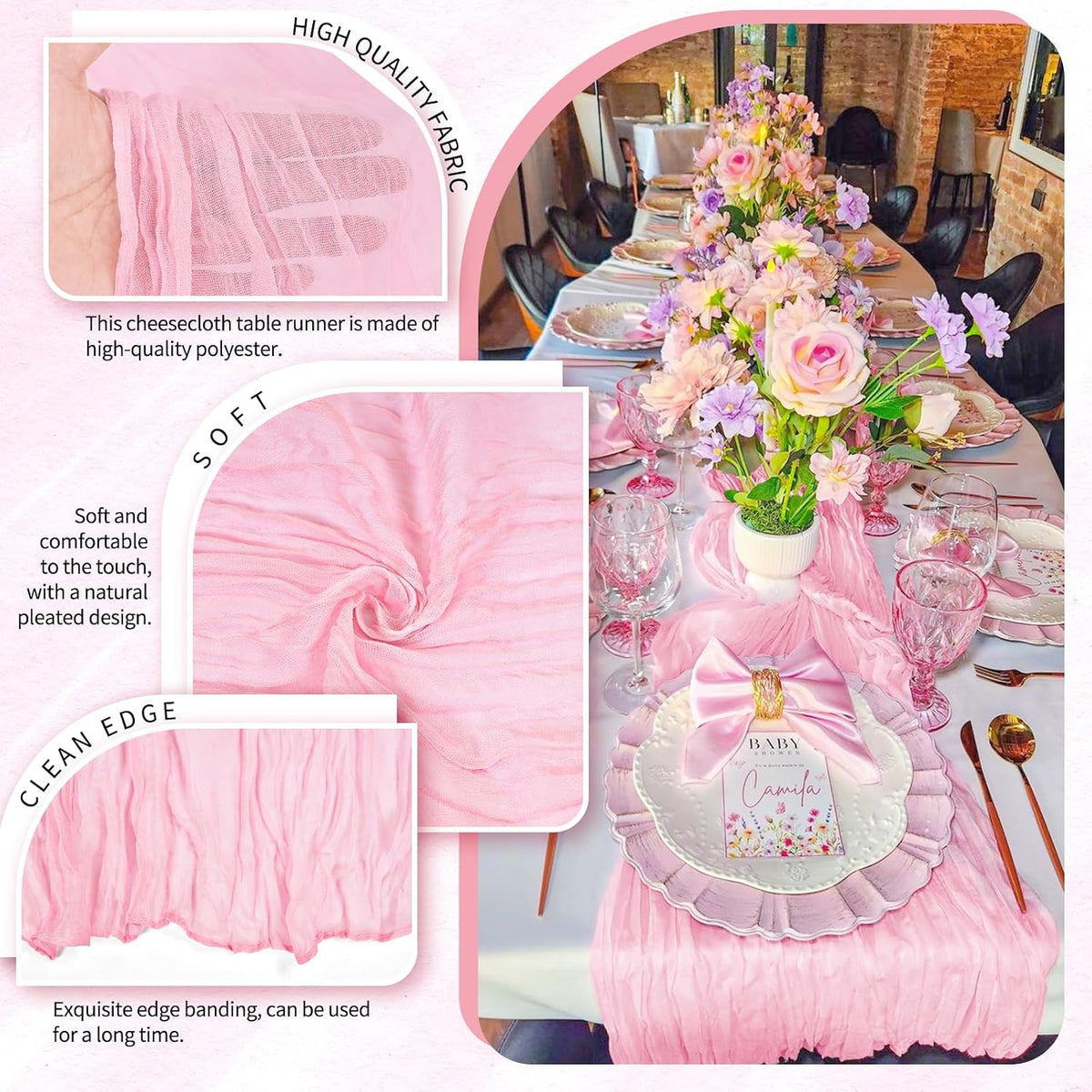 18 Pack Cheesecloth Table Runner 10FT Light Pink Table Runner Boho Gauze Cheese Cloth Table Runners Long Rustic Sheer Table Decorations for Wedding Party Baby Bridal Shower Birthday Holiday Home