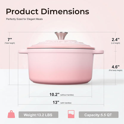 5.5QT Enameled Cast Iron Dutch Oven for Sourdough Bread Pink