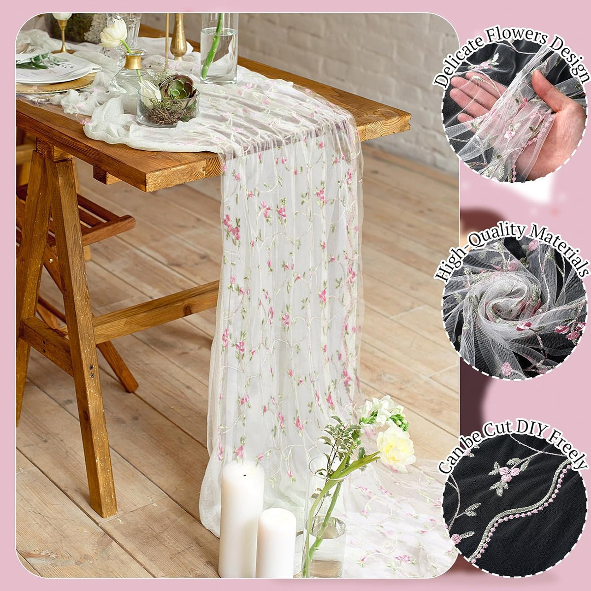 3 Pcs Flower Table Runner 10ft Embroidery Flower