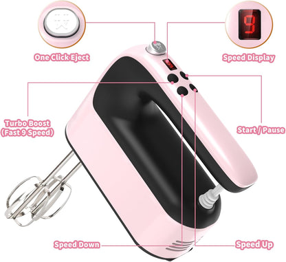 9-Speed Digital Hand Mixer Electric, 400W Powerful DC Motor, Hand Mixer Electric Handheld with Snap-On Storage Case, 5 Stainless Steel Accessories, Beaters, Dough Hooks, Whisk(Pink/Black)