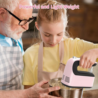 9-Speed Digital Hand Mixer Electric, 400W Powerful DC Motor, Hand Mixer Electric Handheld with Snap-On Storage Case, 5 Stainless Steel Accessories, Beaters, Dough Hooks, Whisk(Pink/Black)