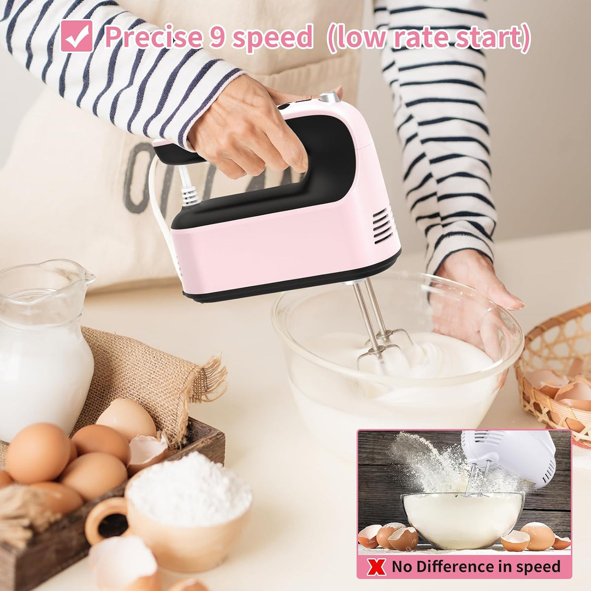 9-Speed Digital Hand Mixer Electric, 400W Powerful DC Motor, Hand Mixer Electric Handheld with Snap-On Storage Case, 5 Stainless Steel Accessories, Beaters, Dough Hooks, Whisk(Pink/Black)