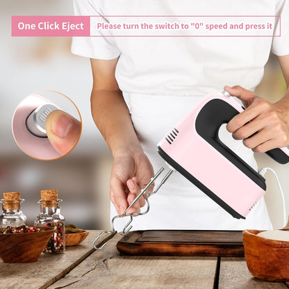 9-Speed Digital Hand Mixer Electric, 400W Powerful DC Motor, Hand Mixer Electric Handheld with Snap-On Storage Case, 5 Stainless Steel Accessories, Beaters, Dough Hooks, Whisk(Pink/Black)