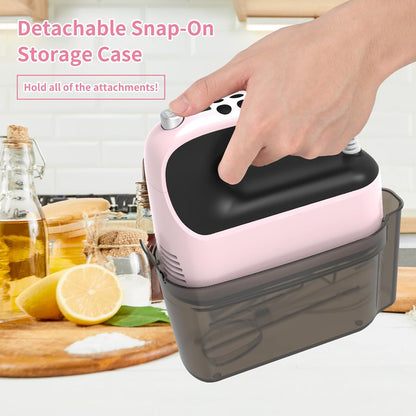 9-Speed Digital Hand Mixer Electric, 400W Powerful DC Motor, Hand Mixer Electric Handheld with Snap-On Storage Case, 5 Stainless Steel Accessories, Beaters, Dough Hooks, Whisk(Pink/Black)