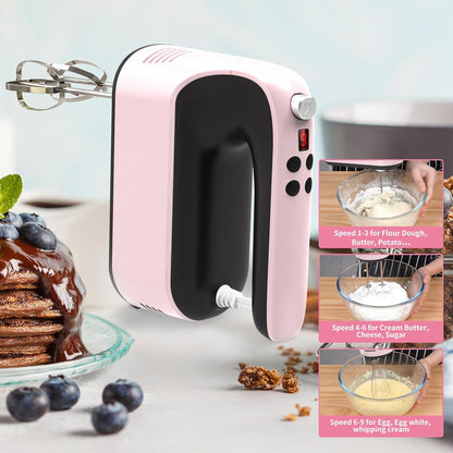 9-Speed Digital Hand Mixer Electric, 400W Powerful DC Motor, Hand Mixer Electric Handheld with Snap-On Storage Case, 5 Stainless Steel Accessories, Beaters, Dough Hooks, Whisk(Pink/Black)