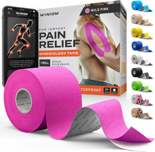 Kinesiology Tape - Waterproof Athletic Sports Tape for Knee, Shoulder, Arm & Back Support | 3-5 Day Adhesion, Hypoallergenic & Latex-Free + Taping Guide (Uncut, 2"x16.4ft Roll, Wild Pink)