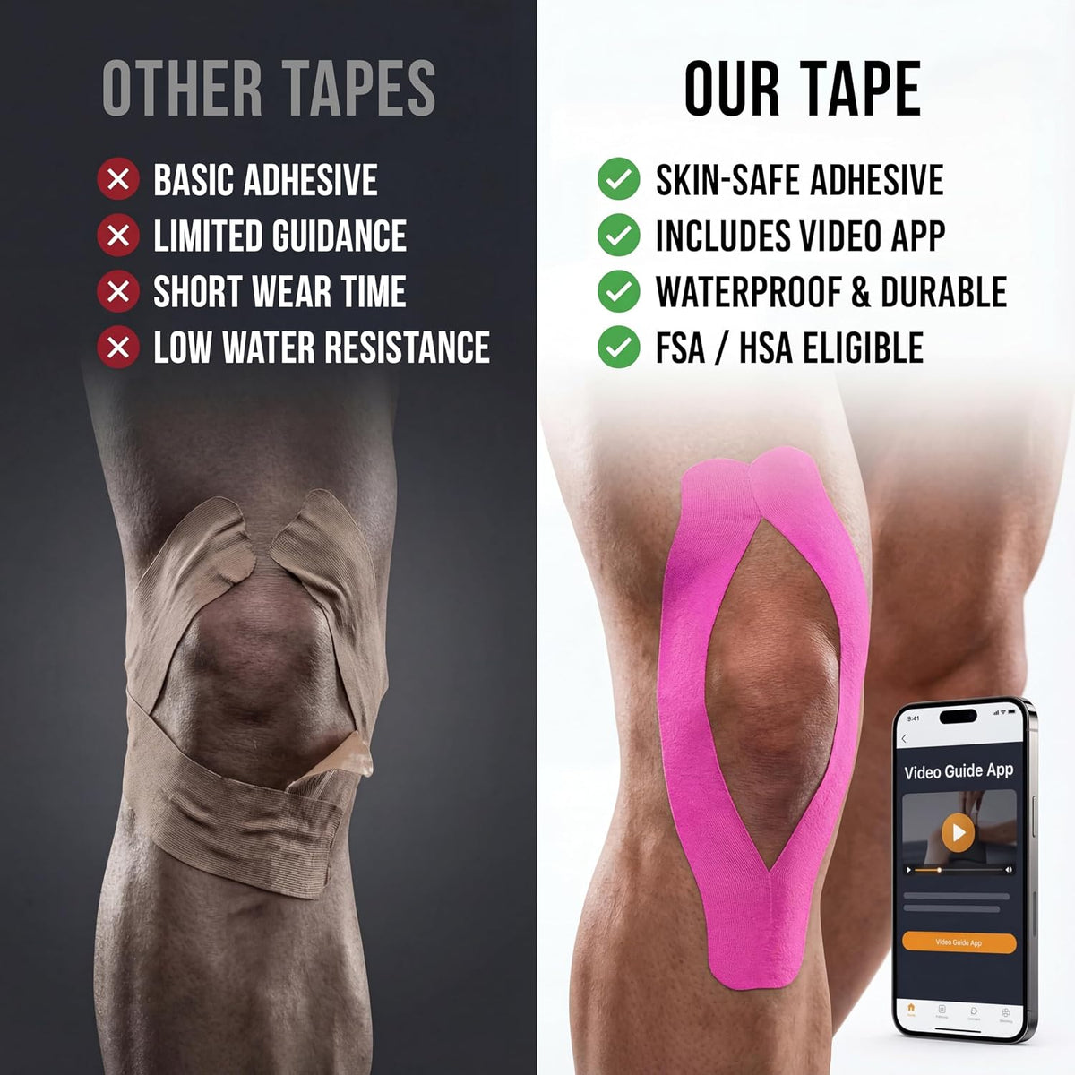 Kinesiology Tape - Waterproof Athletic Sports Tape for Knee, Shoulder, Arm & Back Support | 3-5 Day Adhesion, Hypoallergenic & Latex-Free + Taping Guide (Uncut, 2"x16.4ft Roll, Wild Pink)
