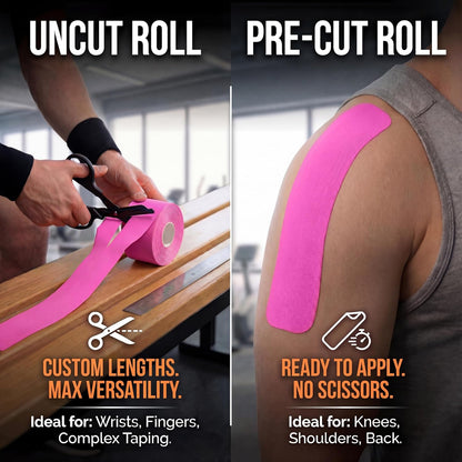 Kinesiology Tape - Waterproof Athletic Sports Tape for Knee, Shoulder, Arm & Back Support | 3-5 Day Adhesion, Hypoallergenic & Latex-Free + Taping Guide (Uncut, 2"x16.4ft Roll, Wild Pink)