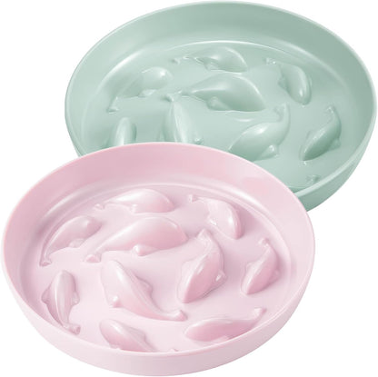 2 Pcs Cat Slow Feeder Bowl Fish Pool Design Feeder Dish Fun Interactive Cat Food Bowl Healthy Eating Diet Bowls for Pet Puppy Dogs Dishwasher Safe(Green, Pink)