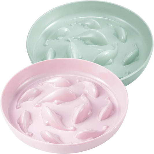 2 Pcs Cat Slow Feeder Bowl Fish Pool Design Feeder Dish Fun Interactive Cat Food Bowl Healthy Eating Diet Bowls for Pet Puppy Dogs Dishwasher Safe(Green, Pink)