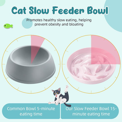 2 Pcs Cat Slow Feeder Bowl Fish Pool Design Feeder Dish Fun Interactive Cat Food Bowl Healthy Eating Diet Bowls for Pet Puppy Dogs Dishwasher Safe(Green, Pink)