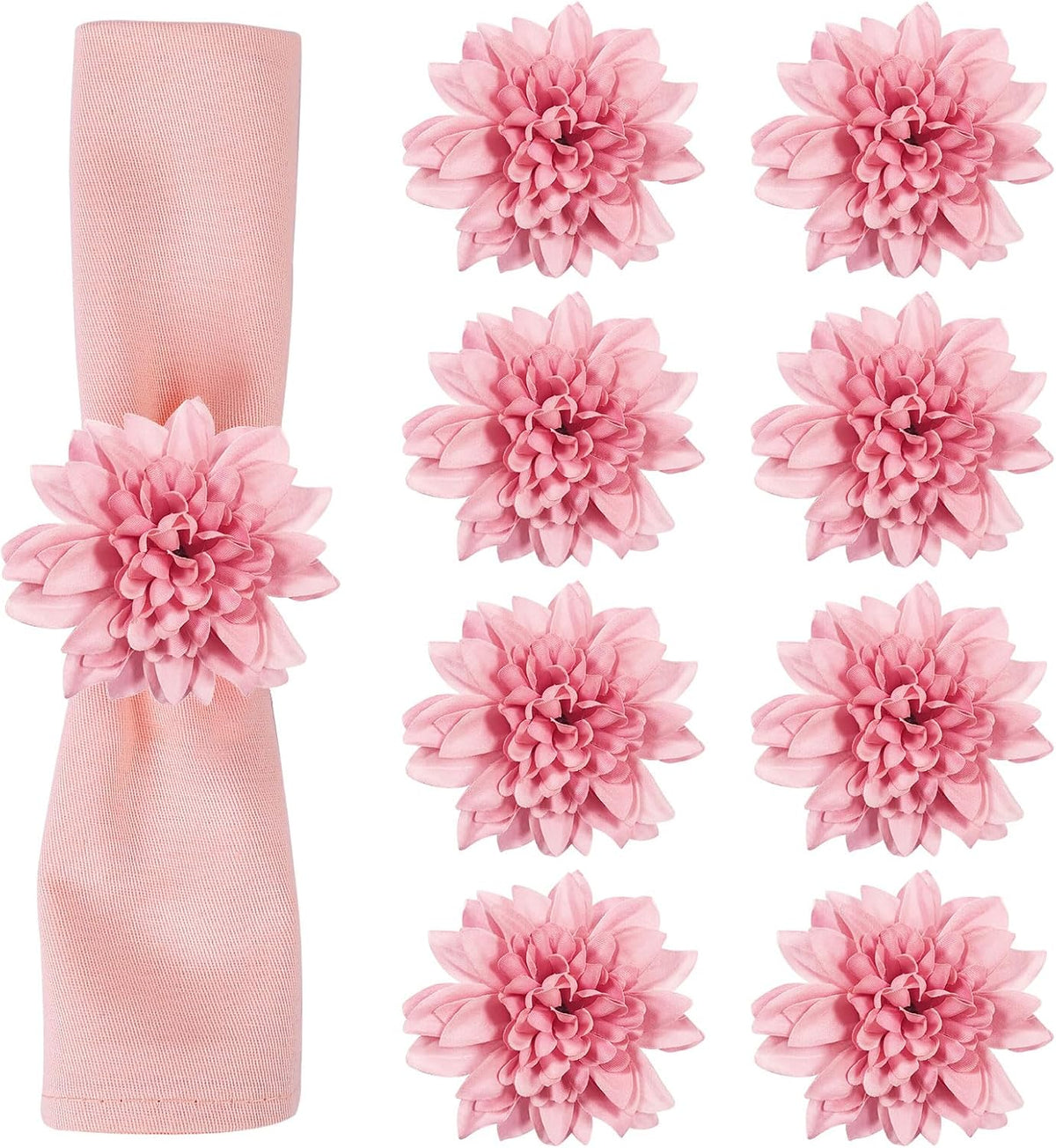 Farmhouse Flower Napkin Rings Set of 8, Faux Pink Dahlia Napkin Ring, Natural Serviette Buckles Holder for Gift,Table Decoration, Family Dinner, Union (Dahlia - Pink)