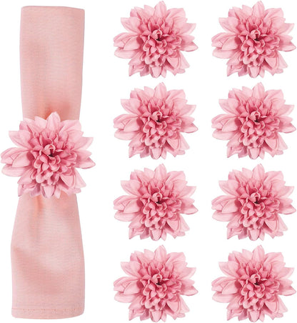 Farmhouse Flower Napkin Rings Set of 8, Faux Pink Dahlia Napkin Ring, Natural Serviette Buckles Holder for Gift,Table Decoration, Family Dinner, Union (Dahlia - Pink)