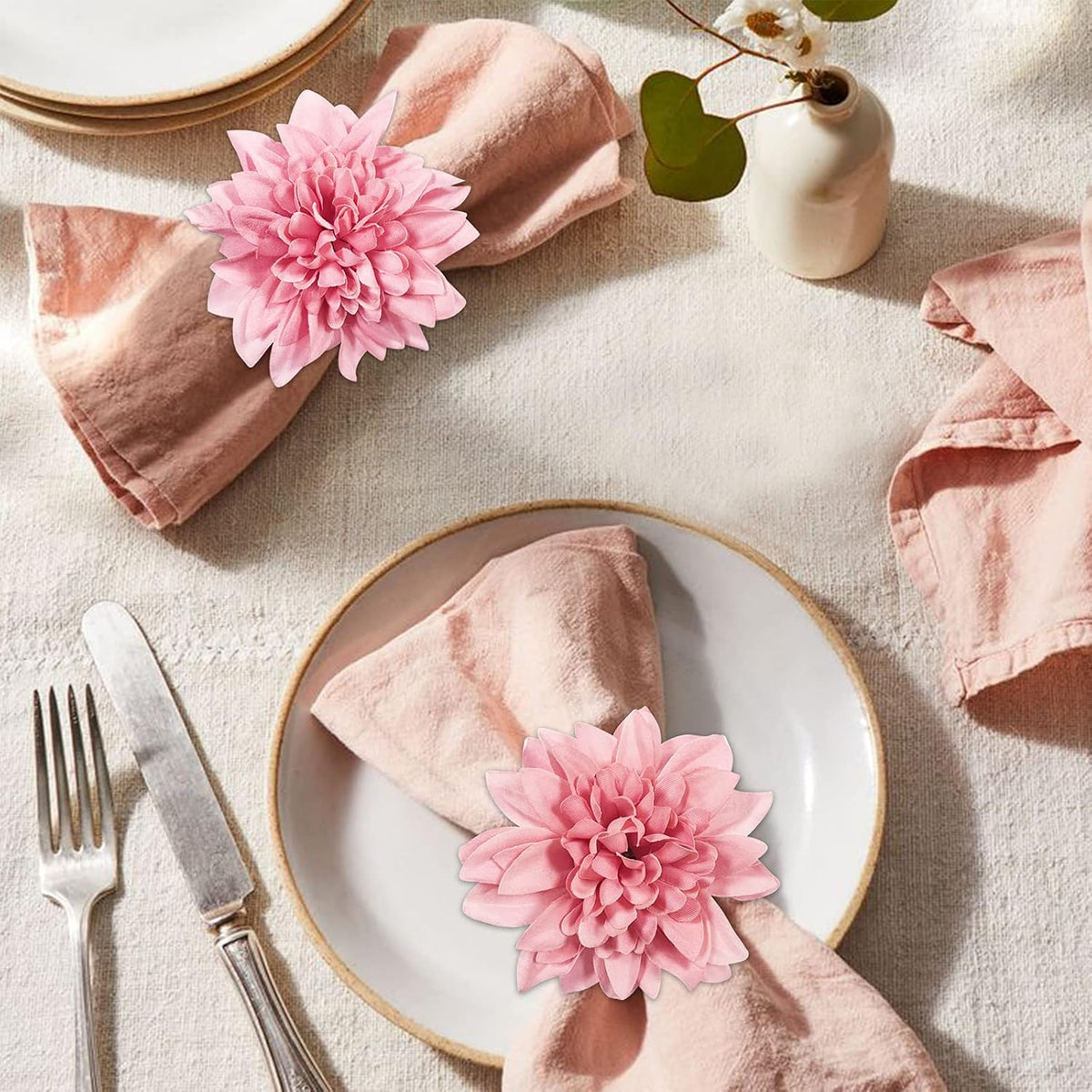 Farmhouse Flower Napkin Rings Set of 8, Faux Pink Dahlia Napkin Ring, Natural Serviette Buckles Holder for Gift,Table Decoration, Family Dinner, Union (Dahlia - Pink)