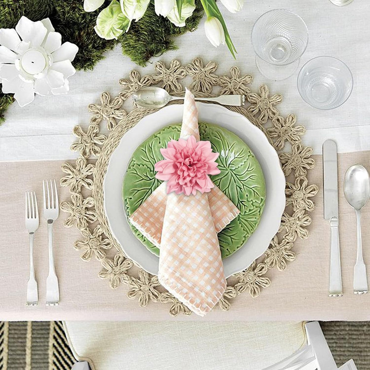 Farmhouse Flower Napkin Rings Set of 8, Faux Pink Dahlia Napkin Ring, Natural Serviette Buckles Holder for Gift,Table Decoration, Family Dinner, Union (Dahlia - Pink)